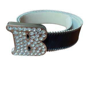 Embellished B Belt Women's Sz L Black Leather Rhinestone Buckle Bling Western